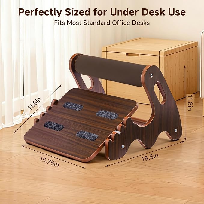 Wood Foot Rest for Under Desk at Work,Adjustable Rocking Foot Stool with 3 Height Positions,Soft Crossbar & Anti-Slip Surface, Ergonomic Wooden Footrest for Improved Posture, Home & Office