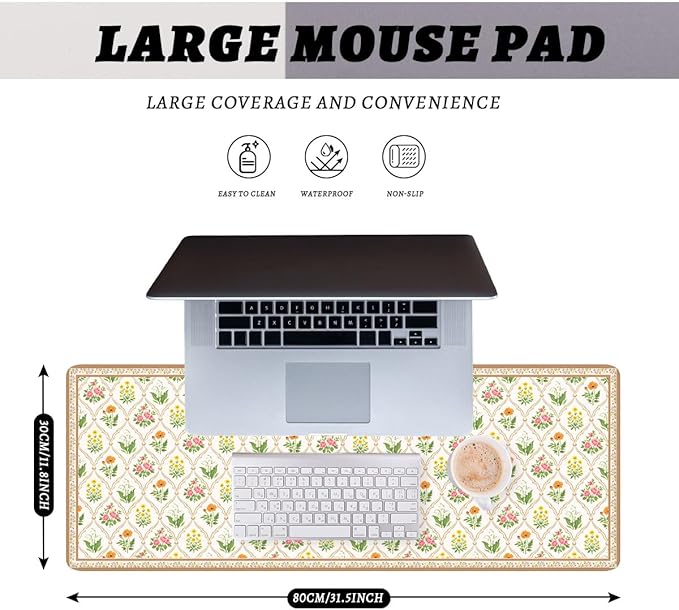 Floral Vintage Gaming Mouse Pad Cottage Floral Romantic Garden Large Gaming Mouse Mat with Stitched Edges,Non-Slip Waterproof Rubber Base Mous Mat 31.5x11.8 Inch