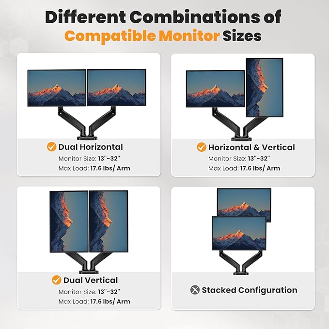 DUMOS Dual Monitor Mount for Desk, Gas Spring Monitor Arm for 2 Monitors Max 32 Inches, Fully Adjustable Double Monitor Mount, VESA Mount with C-Clamp/Grommet Base, Holds Screen 17.6 lbs