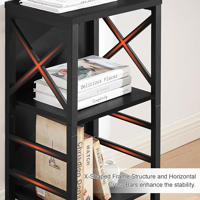 MNEETRUNG Small Bookshelf,3 Tier Industrial Bookcase with Metal Frame and Backboard,Low Black Book Shelf,Book case for Small Spaces,Living Room,Bedroom and Home Office