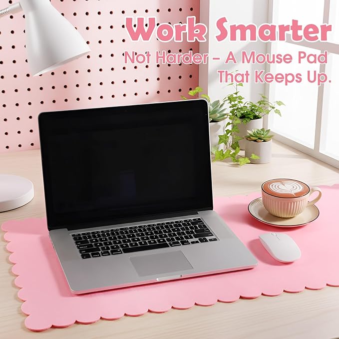 Copkim 35 x 16.5 Inch Felt Desk Mat with Scalloped Edges, Large Felt Mouse Pad Non Slip Scalloped Computer Laptop Desktop Pad for Keyboard and Mouse Home Office(Pink)