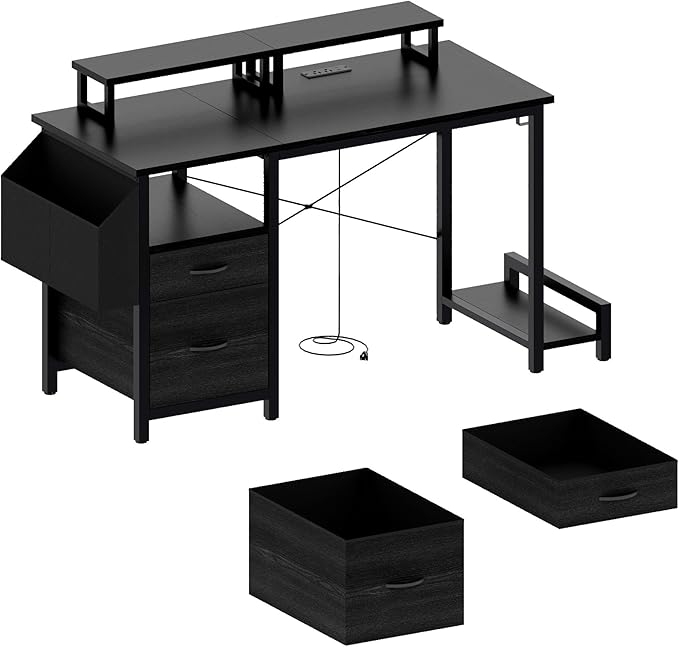 Home Office Desk with Side Pocket and Drawers, Modern Computer Desk for Small Space Bedroom, 47 Inch Gaming Desk with Power Outlet & 2 Movable Monitor Shelves (Black)