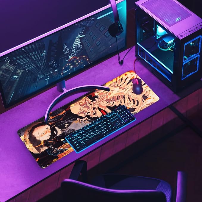 BELLEMOND Japanese Art Desk Mat | Large 31.5x11.8in Anime Mouse Pad for Keyboard & Mouse | Non-Slip Base, Water-Repellent | Original Japanese Design | Yokai Rising