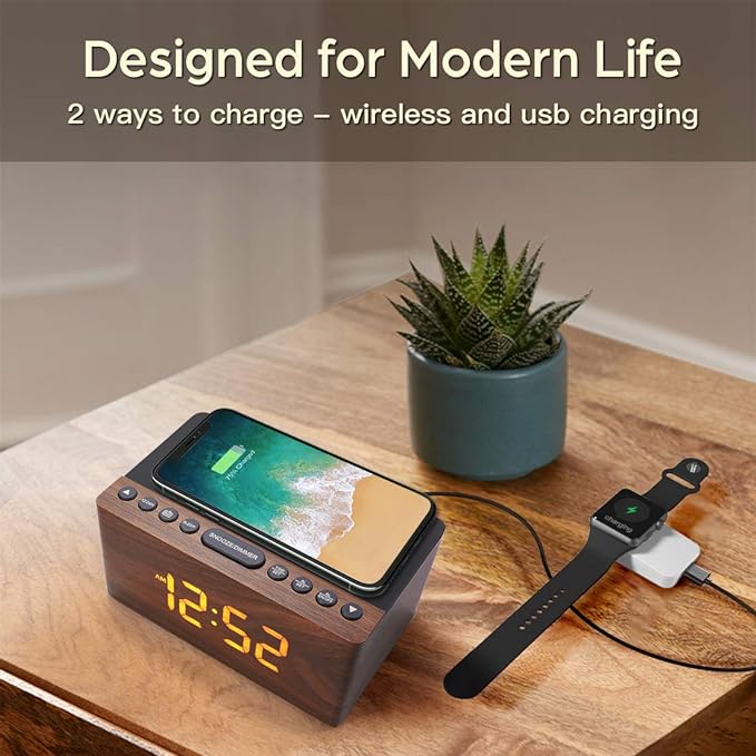 ANJANK Wooden Digital LED Alarm Clock FM Radio, Fast Wireless Charger Station for iPhone/Samsung Galaxy, 5 Level Dimmer, USB Charging Port, 9 Sounds, Sleep Timer for Bedroom, Bedside, Desk