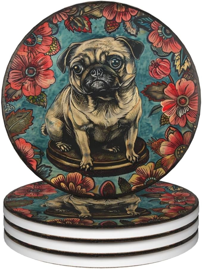 Pug Ceramic Drink Coasters Absorbent Set of 4 with Cork Bottom Bar Table Cupholder Coasters for Dog Mom Dad Lover Bedroom Patio Dining Glass Wooden Coffee Table Kitchen Office Desk