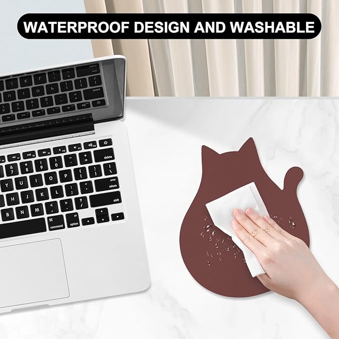 Funny Leather Mouse Pad Cute Cat Shape Office Desk Accessories Decor for Women Small Mousepad with Non-Slip Rubber Base Washable Waterproof, 9.7" x 8", Pink Purple