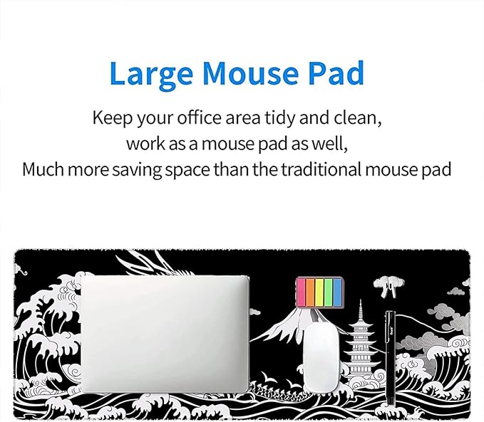 Dragon Desk Mat Gaming Mouse Pad Black White Japanese Sea Wave Extended Gaming Mouse Pad Mat with Stitched Edge Non-Slip Base Big Mouse Pad Office Computer Keyboard Laptop Home 31.5"x11.8"