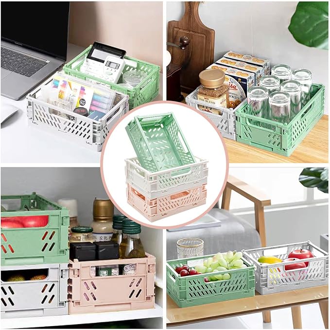 3 Pack Mini Plastic Storage Basket for Shelf Organizing,Collapsible Crate Folding Storage Bin for Desk Organizer Stackable Containers for Home Kitchen Classroom Office Bathroom Storage(5.9x3.9x2.2")