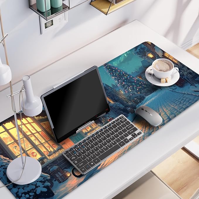 Christmas Winter Village Mouse Pad – 31.5" x 11.8" Large Extended Desk Mat with Black Cat and Christmas Tree Scene – Cozy Holiday Design, Non-Slip Base, Smooth Surface for Home & Office