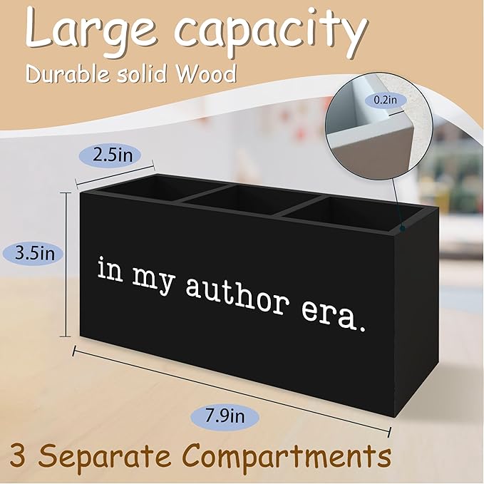 Author Writer Gifts Pen Pencil Holder Organizer for Desk, Gifts for Writers and Authors, In My Author Era Wooden Box Block Sign for Home Office Tabletop Decor, Study Room Library Decor
