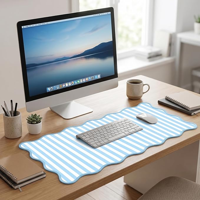 Scalloped Desk Mat Extended Large Cute Striped Mouse Pad Big Desk Pad XXL Aesthetic Stripe Mousepad Gaming Mouse Pad for Keyboard Computer Laptop Home Office Accessories 31.5X15.7Inches Blue White