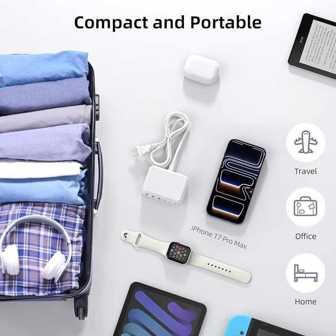 6 in 1 USB Charger, Charging Station for Multiple Devices, 100W Fast Charging Blocks with Type C Ports, USB Charging Hub Organizer Multiport Power Strip for iPhone, Ipad, Kindle, Travel Accessories