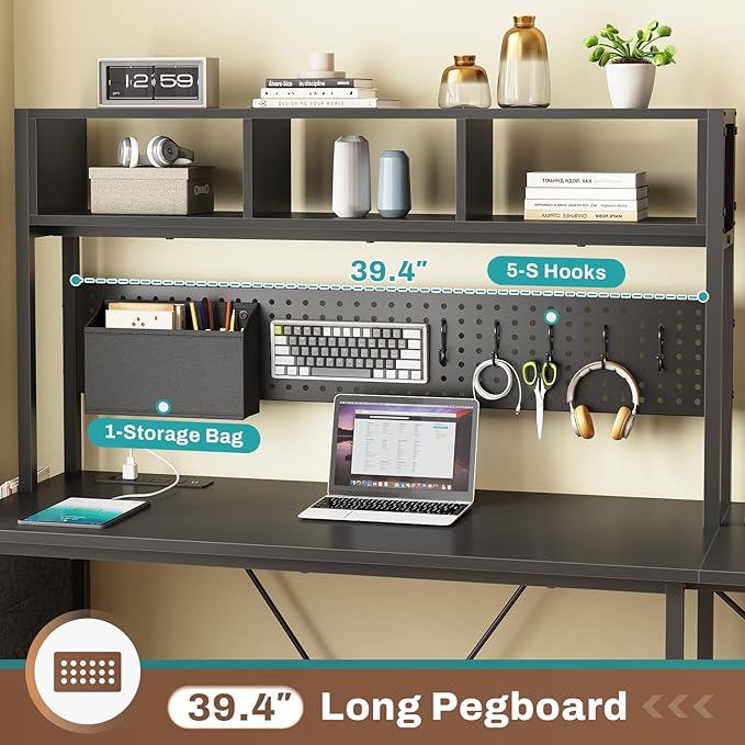 SEDETA L Shaped Gaming Desk with Hutch, 57.5” Reversible Corner Computer Desk with Storage Shelves, Gaming Desk with Pegboard, LED Lights, Power Outlet, Keyboard Tray and Storage Bag, Black