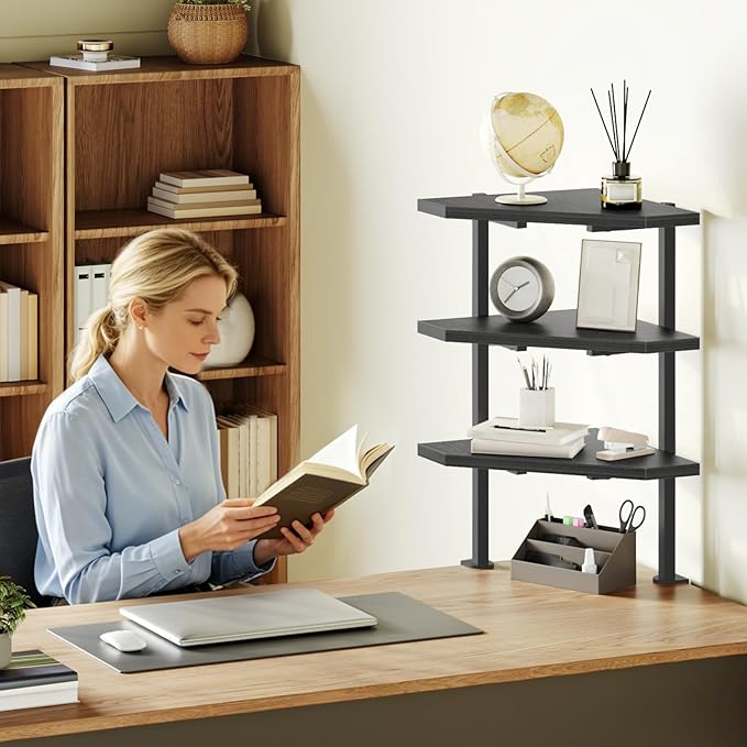 MAHANCRIS Clamp on Desk Corner Organizer, 3-Tier Desktop Shelf, Adjustable Desk Corner Storage Shelf with Metal Frame, for Office, Game Room, Black DSBK5501