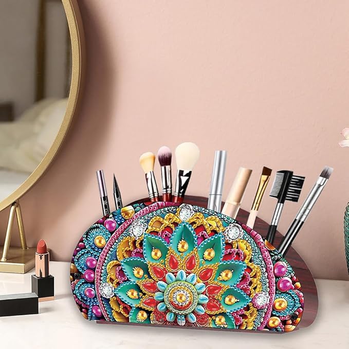 POETRYDRAW DIY Mandala Diamond Art Painting Wooden Storage Box – Multi-Grid Moon Fan Makeup Brush Organizer, Double-Sided Drill Tabletop Holder for Women, Office & Home Decoration