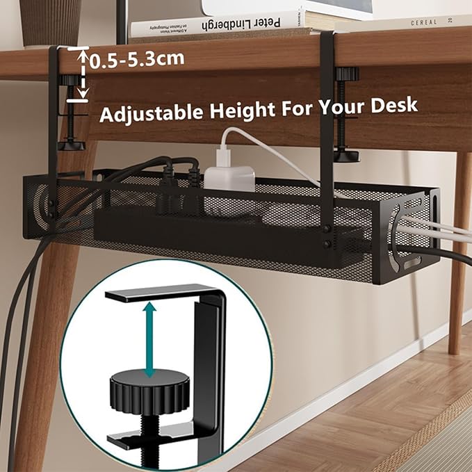 No-Drill Under Desk Cable Management Tray Tool-Free Installation with Dual Silicone Pads | No Adhesive, No Magnets, No Residue | Heavy-Duty Steel Construction for Wood & Glass Desktops (White)