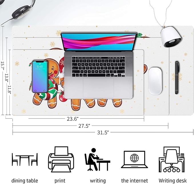 Christmas Mouse Pad PU Leather Gingerbread Man Desk Mat Large Waterproof Gaming Pad Non-Slip Keyboard Mouse Pad Writing Pad for Gamer Office&Home