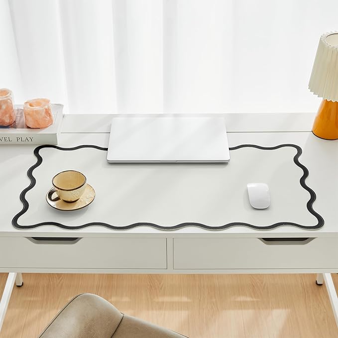 Scalloped Desk Mat, 31.5" x 15.7", PU Leather, Waterproof Anti-Slip, Cute Aesthetic Desk Pad for Office/Home/Game/Vanity (Black, Large)