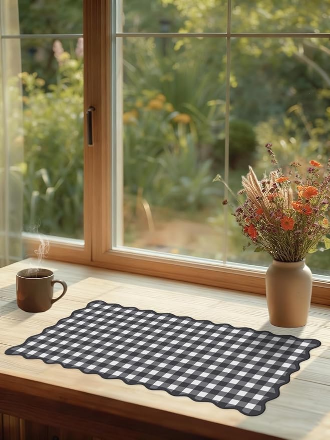 Scalloped‌ Black Desk Mat Checkered Gingham Cute XXL Large Gaming Mouse Pad Kawaii Vintage‌ Cottagecore Keyboard Computer Mat for Desktop Aesthetic Desk Pad Accessories Decor for Women