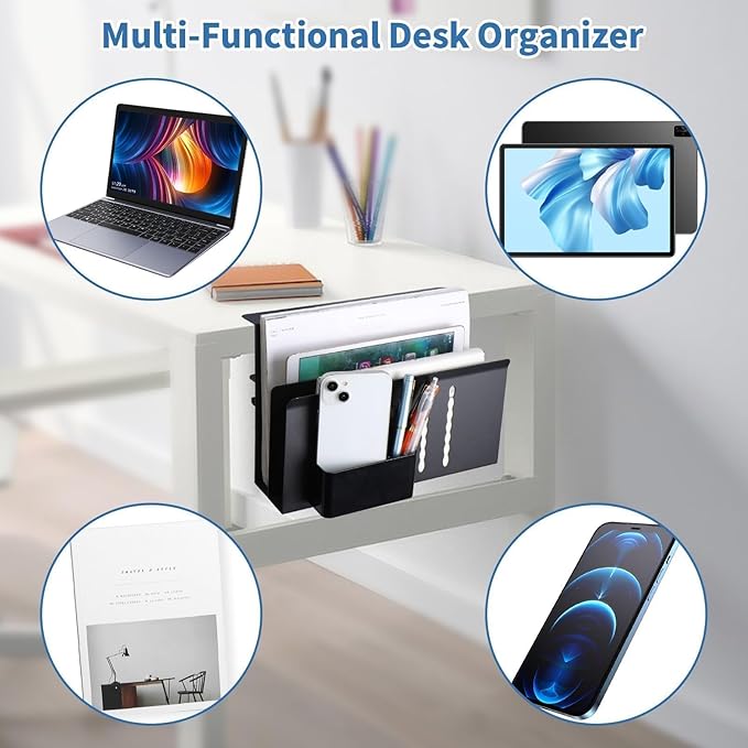 2 Tier Desk Side Storage Organizer, Under Desk Laptop Holder with Magnetic Pen Holder, No Drill Hanging Desk Caddy for Office and Home, Clamp On Desk Shelf for Tablet,Files, Accessories (Black)