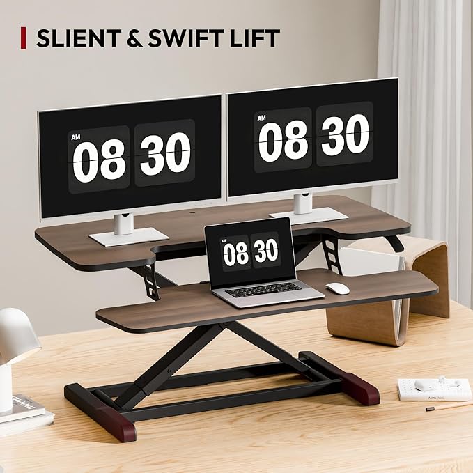 SANODESK 36" Standing Desk Converter, Smooth Mechanical Spring Effortless Lift Sit-Stand Riser for Dual Monitors, Heavy Duty Workstation with Keyboard Tray, Walnut
