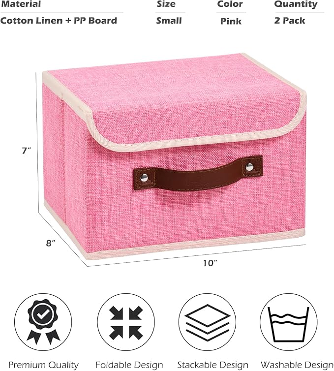 2PCS Storage Boxes with Lid Cotton Linen Fabric Storage Bins Organizer Container Decorative Collapsible Washable Shelf Closet Baskets Faux Leather Handles Home Bedroom (Pink, Small)