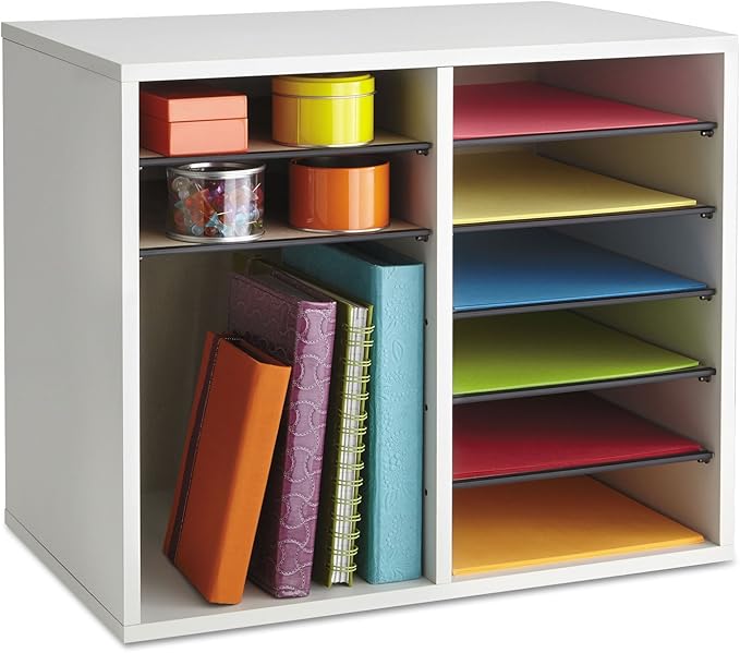 Safco Literature Organizer, 12 Compartments, Office and Classroom Mailbox with Adjustable Shelves, Wood Paper and Mail Sorter, Gray