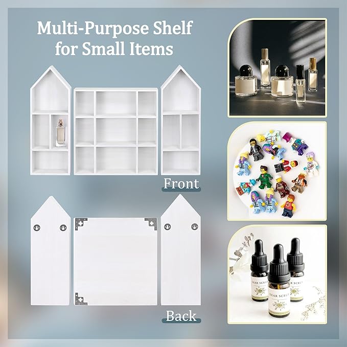 Ikee Design 3 Pcs Set Wooden Shadow Cubby Box Display Shelf Organizer Storage Shadow Box for Collectibles, Mini Figures, 17 compartments, White Color, 22.8W x 2.4D x 15.7H in