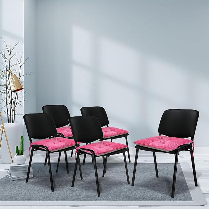 Office Stacking Chair Cushion with Ties, Corduroy High Density Foam Non-Slip Kitchen Seat Cushion, Square 17" x 17" Indoor Dining Chair Pads, Pink, 1 PCS