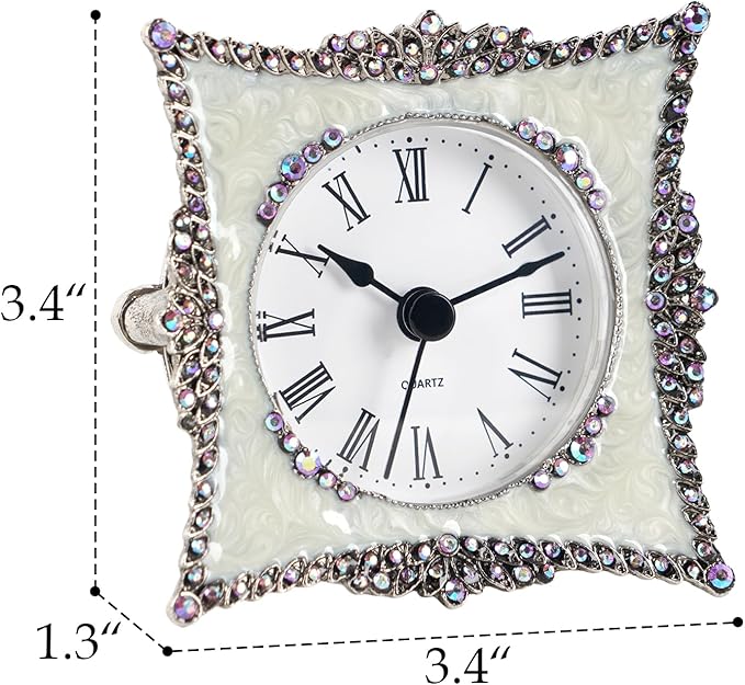 NIKKY HOME Crystal Elegant Small Quartz Analog Table Clock with Rosy Rhinestone Non-Alarm Desk Clock 3.5 by 1.5 by 3.5 Inches, White and Pink