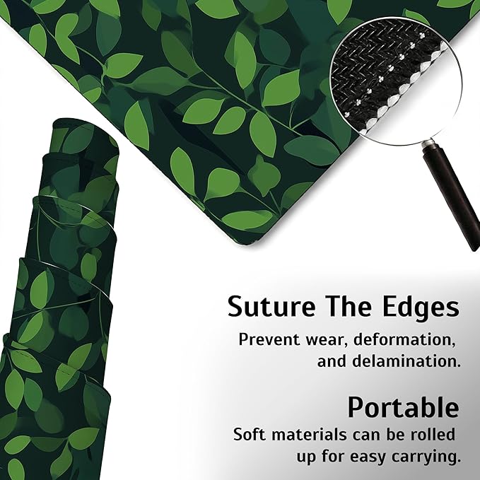 Black Cat Hide Green Leaves Mouse Pad,35.4 x 15.7 Inch Large Mouse Mat Non-Slip Rubber Stitched Edges for Writing Desk,Office,Home,Laptop