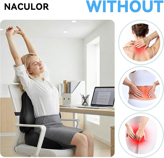 Seat Cushion Lumbar Support Pillow Set, X Large Memory Foam Coccyx Pad for Tailbone & Sciatica Pain Relief, Office Chair Cushions Back Support for Car, Desk, Wheelchair with Adjustable Fixed Strap