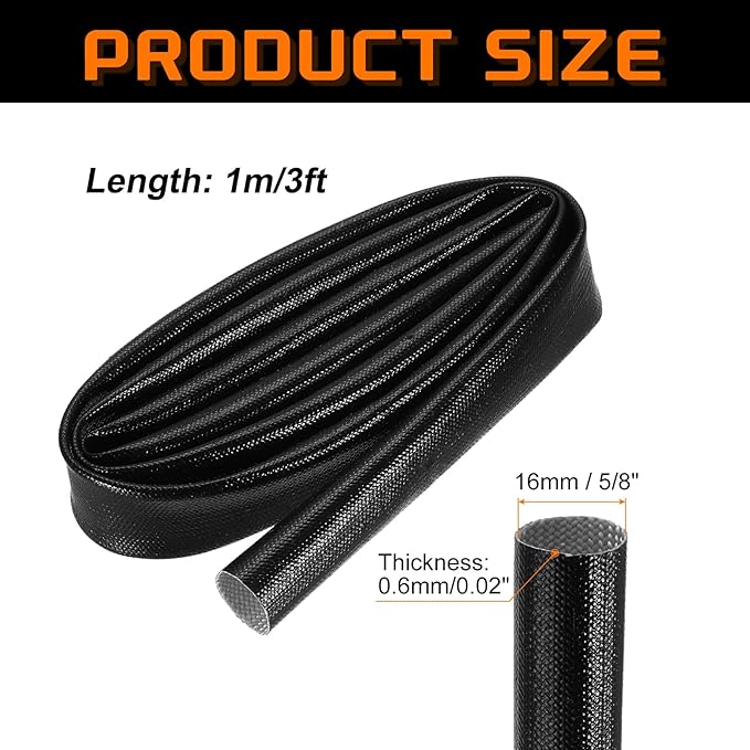 MECCANIXITY 3ft Braided Cable Sleeve, 5/8" ID 200C Heat Resistant 1500V Fiberglass Wire Insulation Cord Protector Organizer Wires Management for Motor Engine Fuel Line, Black
