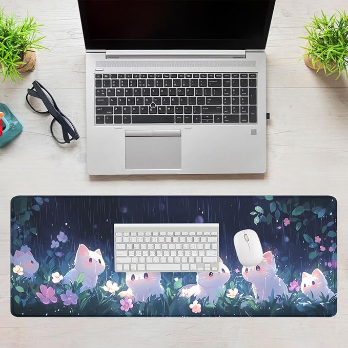 Animation Mouse Pad White Cat Rain Playing Flowers Plants Mousepad Extended Large Laptop Keyboard Non-Slip Rubber Base with Stitched Edges for Home 31.5x11.8 in