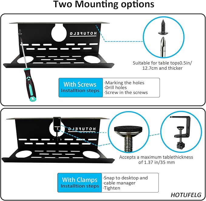 Under-Desk Cable Management Tray No-Drill, 13.7 inch/35 cm Cable Manager with Clamp Mount, Desktop Power Cord Concealment for Office and Computer Desktop Power Cord Management(with Flag 1 Piece Set)