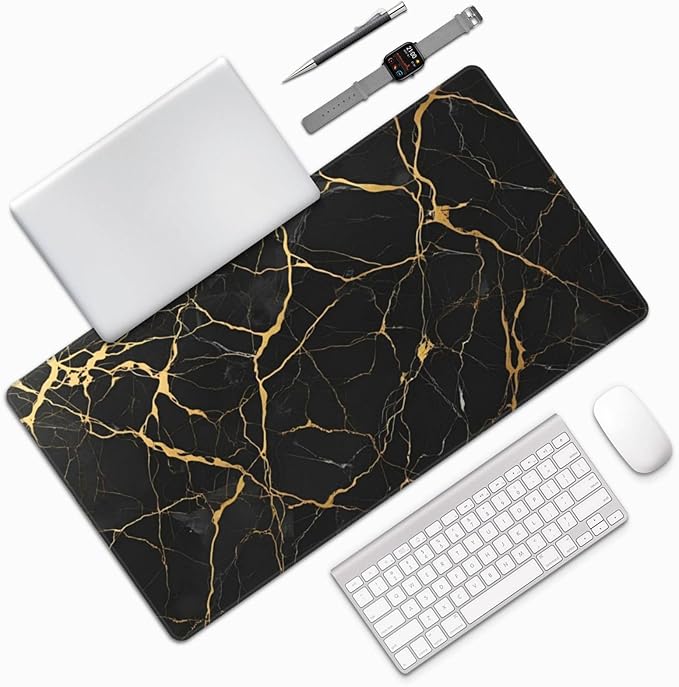Black Marble Texture Large Mouse Pad & Desk Mat Extended Mousepad with Stitched Edges Non-Slip Rubber Base Laptop Computer Keyboard Pad for Gaming, Office & Home Decor, XXL - 29.5" X 15.8"