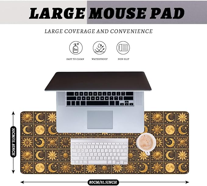 Boho Celestial Gaming Mouse Pad Sun Moon Star Vintage Astrology Mousepad Extended Large Laptop Keyboard Non-Slip Rubber Base with Stitched Edges 31.5x11.8 Inch