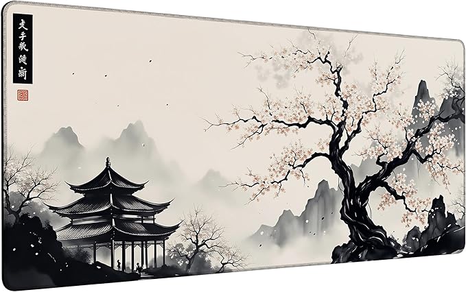 Japanese Cherry Blossom Mouse Pad,35.4 x 15.7 Inch Large Mouse Mat Non-Slip Rubber Stitched Edges for Writing Desk,Office,Home,Laptop
