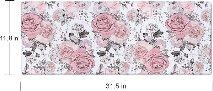 Cute Pink Flowers Desk Pad XL Gaming Mousepad & Laptop Computer Keyboard Mat 31.5''X 11.8'' Cute Desk Decor Accessories