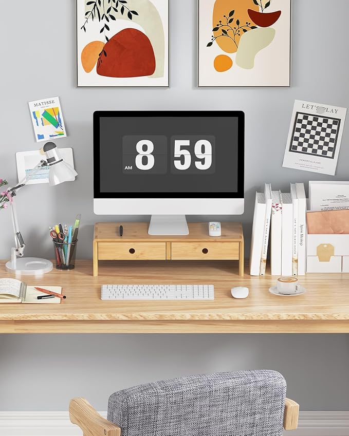 Ufine Bamboo Monitor Stand with 2 Drawers Desktop Organizer Computer Screen Laptop Riser Ergonomic Height for Home Office