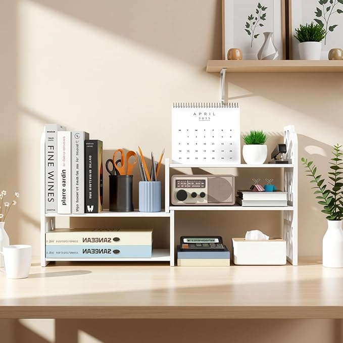 Desktop Shelves, Adjustable White Bookshelf Desktop Organizer and Desktop Storage