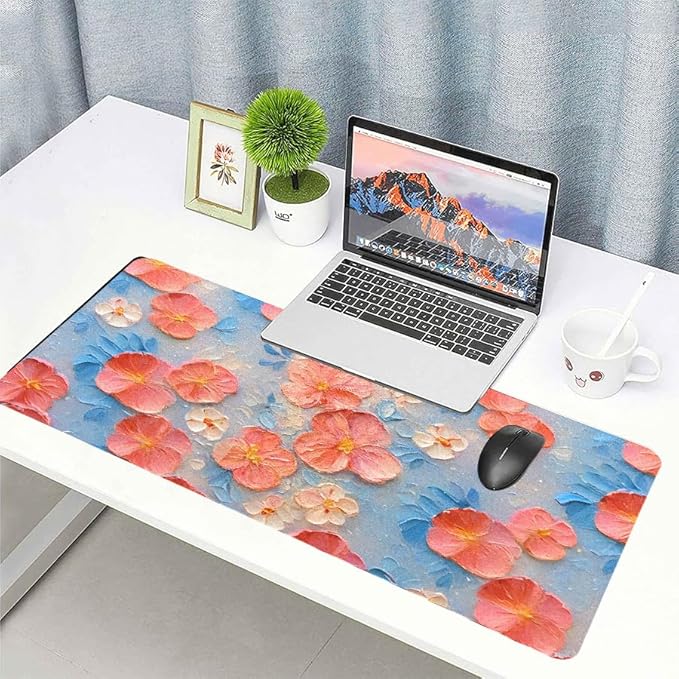 Oil Painting Flowers Desk Mat for Women, Large PU Leather Desk Pad with Non-Slip Base, Aesthetic Office Keyboard Cover for Gaming & Home Work, Artistic Desk Decor (31.5 * 15.75in)