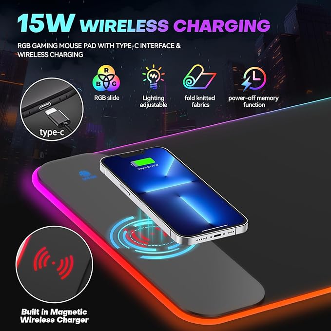 RGB Gaming Mouse Pad with 15W Wireless Charger, 17 Lighting Modes LED Mouse Mat, Extra Large 27.6"x11.8" Extended Mouse Pad with Non-Slip Base, Type-C Plug & Play, for Keyboard, Mouse, and Phone