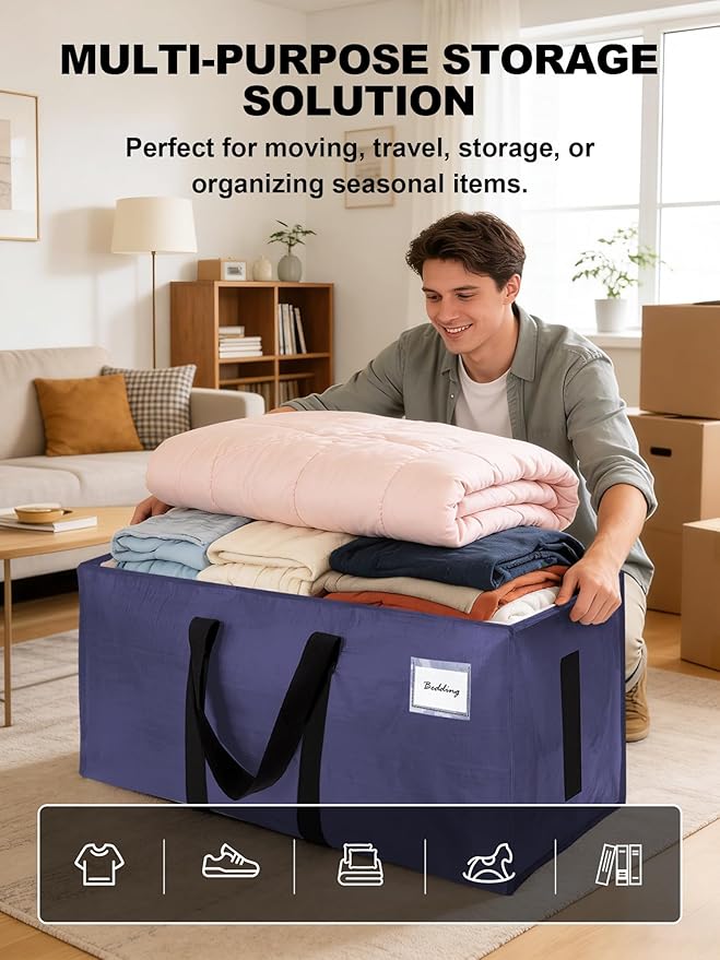 80 Pack Large Strong Moving Bags with Zippers & Carrying Handles - Water-Resistant - Heavy Duty Storage Tote for Space Saving, Fold Flat, Alternative to Moving Box (Blue)