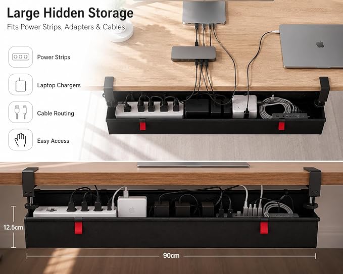 Extra Large 90CM Under Desk Cable Management Tray, No Drill Clamp Mount Cord Organizer, Fabric Cable Management Basket for Standing Desk, Office & Gaming Desk Wire Management
