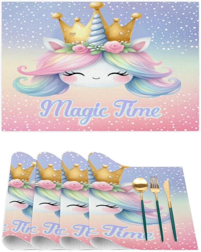 Placemats Set of 4 Heat-Resistant Rectangle Place Mats Unicorn Cute Washable Plastic PVC Dining Table Mat Non-Slip Wipeable Woven Vinyl Placemat for Kitchen Patio Table Decor