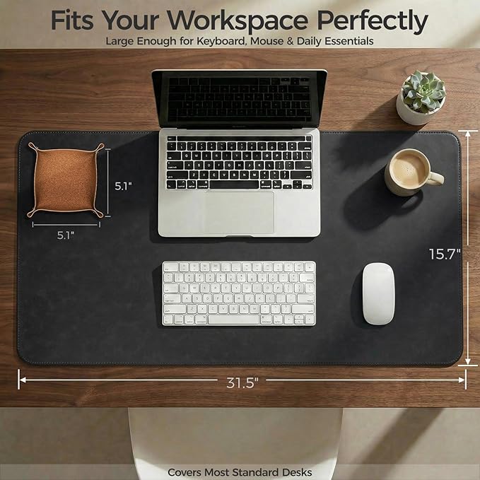 Premium Faux Leather Desk Mat & Tray Set，Innovative Cork-Look Printed Base，Gift Tube Packaging，Full-Desk Coverage，Non-Slip Desk Pad for Office Home（Classic Black）