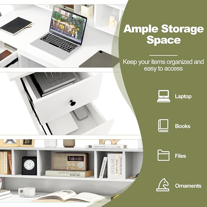 Giantex White Desk with Drawers & Hutch, Home Office Desk with Charging Station, 5 Storage Cubbies, Makeup Vanity Table, Modern Study Writing Desk, PC Laptop Desks, Computer Workstation for Bedroom