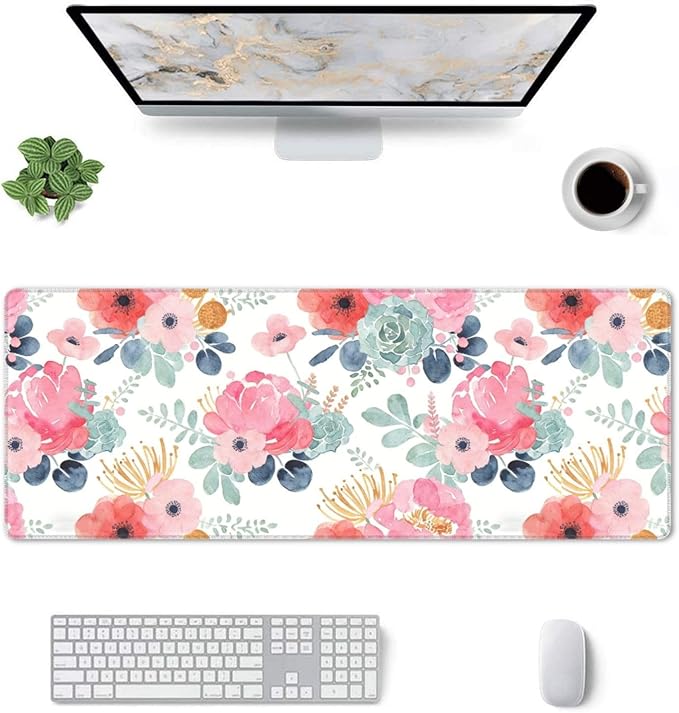 XL Flower Large Gaming Mouse Pad, Long Extended Full Floral Mouse Mat Desk Pad for Top Keyboard Table, Aesthetic Cute Big Stitched Mousepad Gifts for Women Office Decor(Pink, 31.5 * 11.8 in)