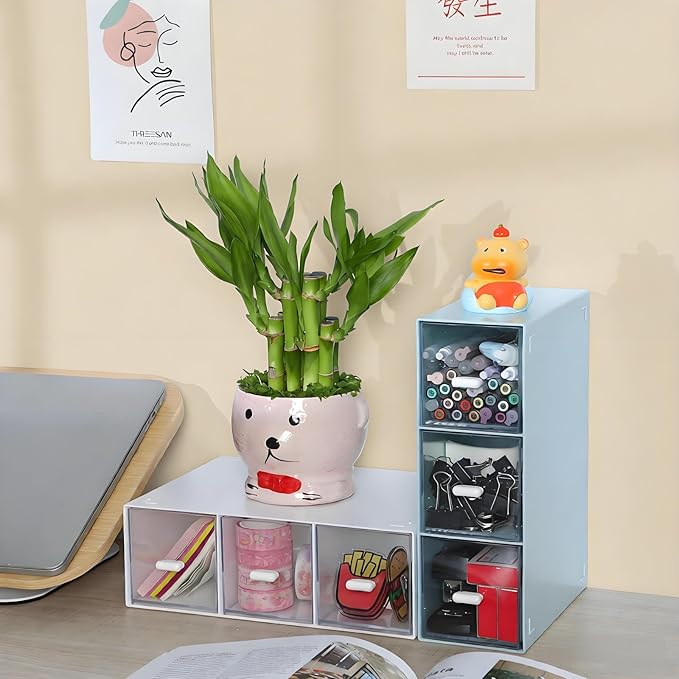 Desktop Drawers, Desk Organizer with 3 Drawers, Stackable Plastic Storage Box for Home Collection, Cosmetics, Jewelry, Office Supplies (1 Tall Layer, Blue)